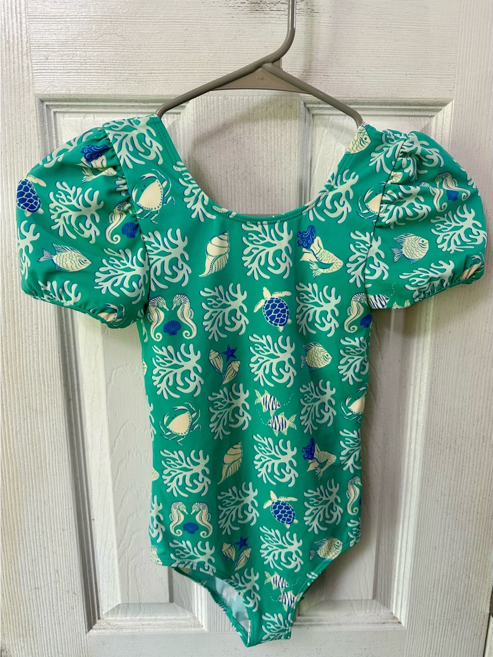 Mini Boden Girls' Teal Ocean Print Puff Sleeve One-Piece Swimsuit